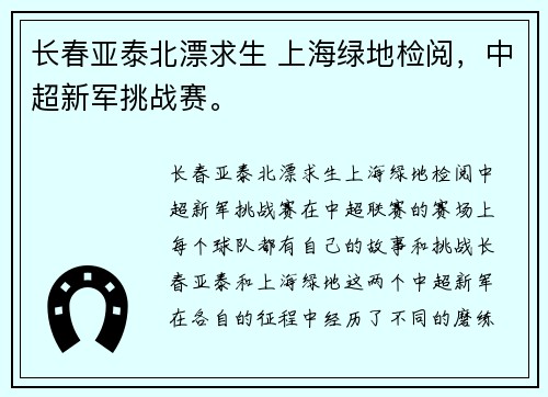 长春亚泰北漂求生 上海绿地检阅，中超新军挑战赛。